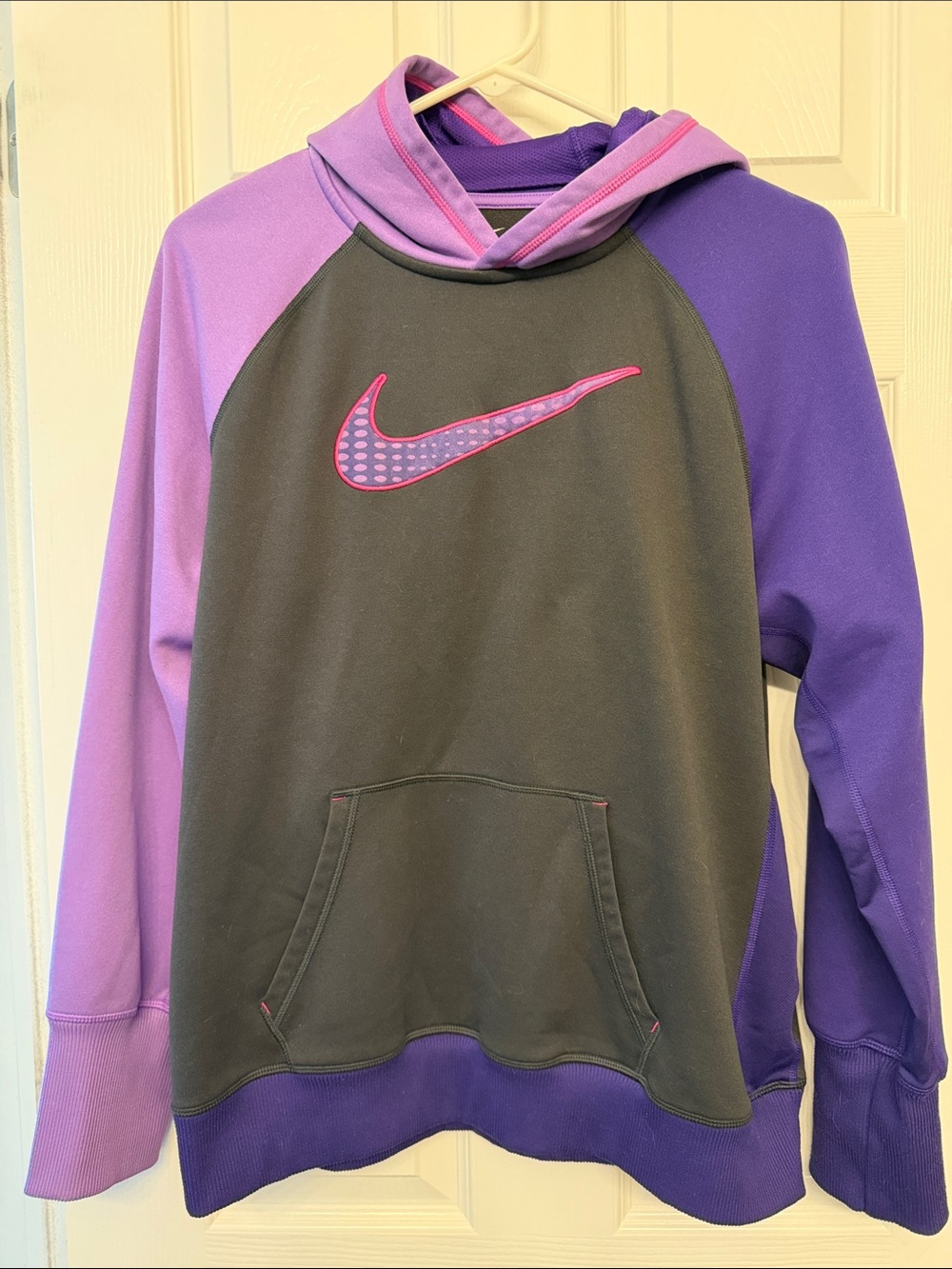 Nike Gray Pullover Hoodie with Purple Sleeves and Pink Swoosh